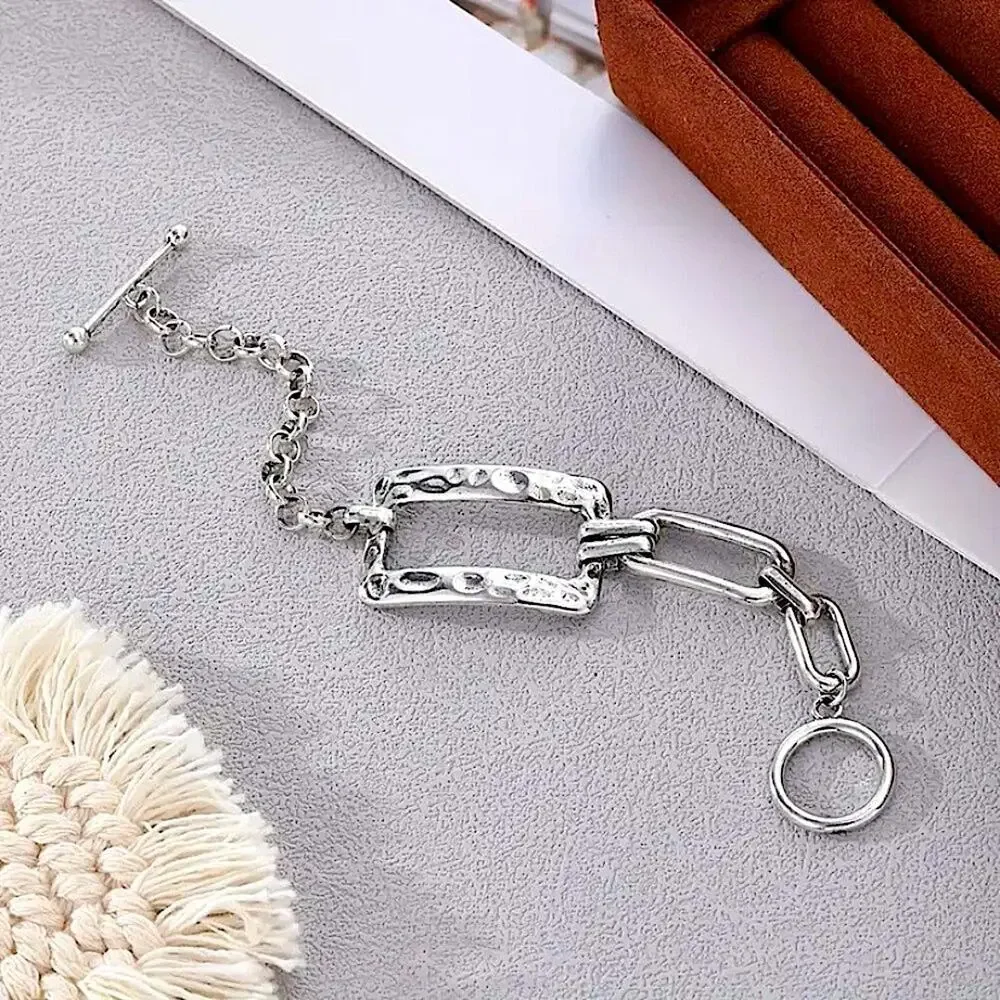Stainless Steel Rectangular Bracelet Boho Hammered Chain Link
